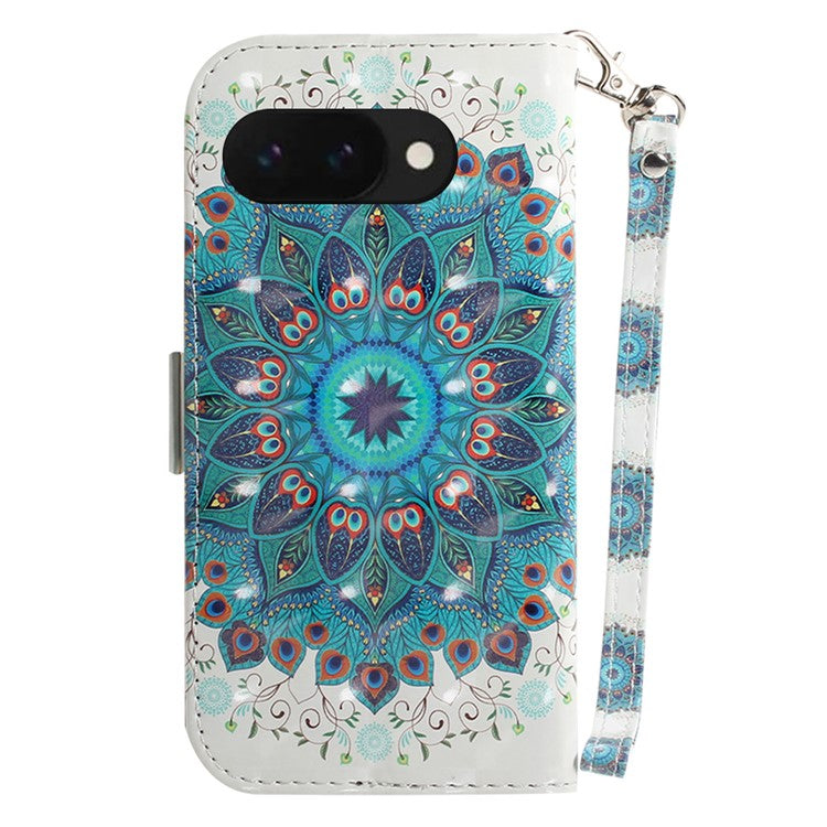 For Google Pixel 9a Case Pattern Printing Leather Wallet Phone Cover - Peacock Wreath