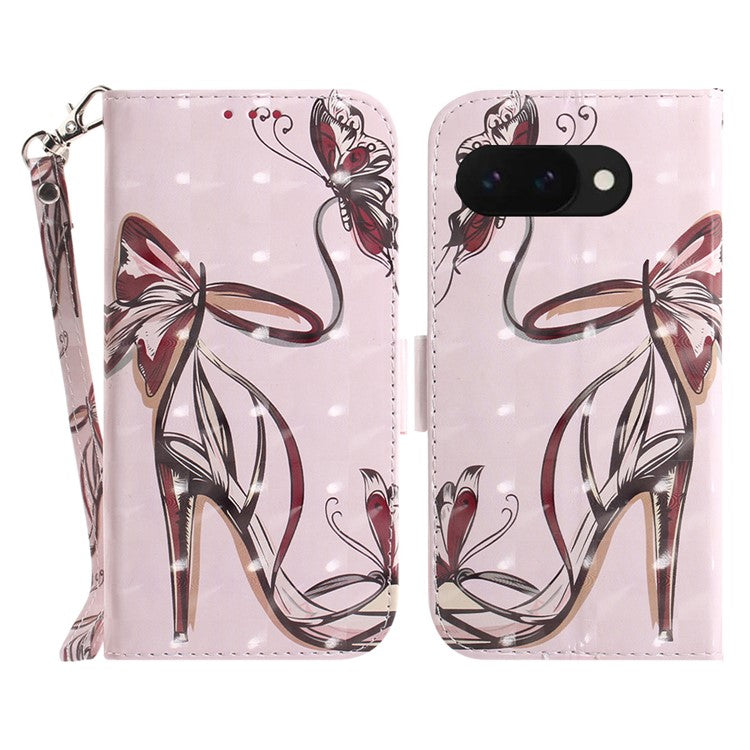 For Google Pixel 9a Case Pattern Printing Leather Wallet Phone Cover - Butterfly High Heels