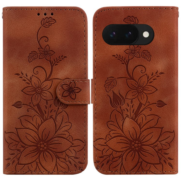 For Google Pixel 9a Case Lily Flower Imprint Leather Phone Cover with Stand - Brown