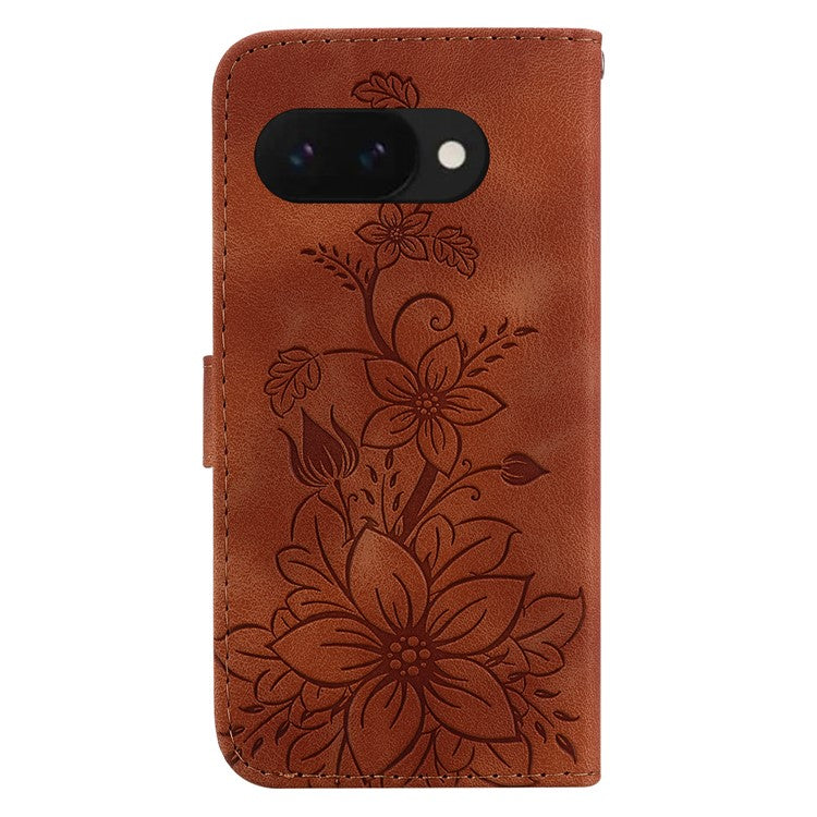 For Google Pixel 9a Case Lily Flower Imprint Leather Phone Cover with Stand - Brown