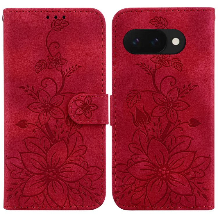 For Google Pixel 9a Case Lily Flower Imprint Leather Phone Cover with Stand - Red