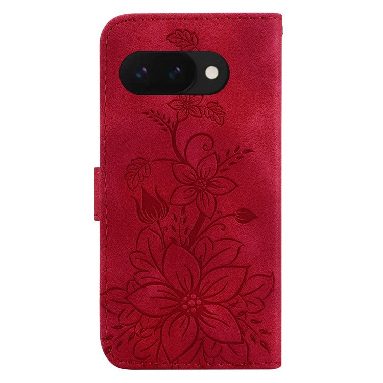 For Google Pixel 9a Case Lily Flower Imprint Leather Phone Cover with Stand - Red