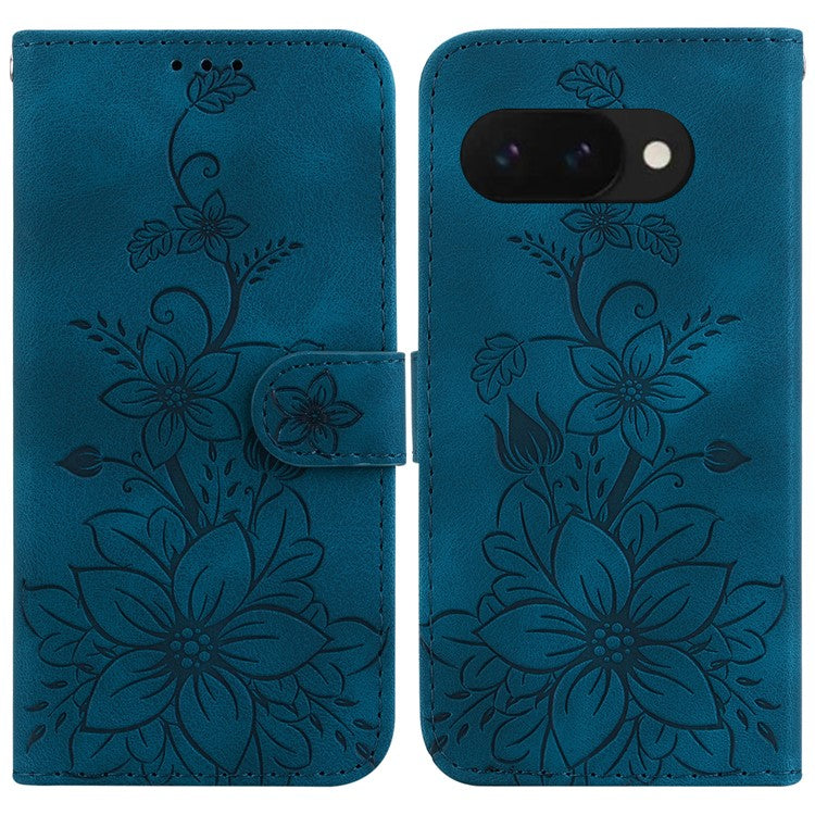 For Google Pixel 9a Case Lily Flower Imprint Leather Phone Cover with Stand - Dark Blue