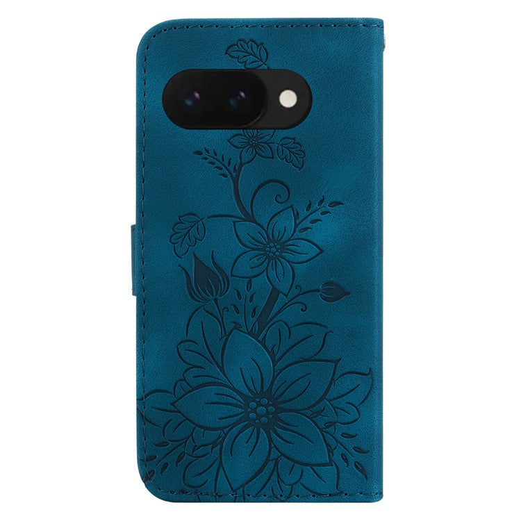 For Google Pixel 9a Case Lily Flower Imprint Leather Phone Cover with Stand - Dark Blue