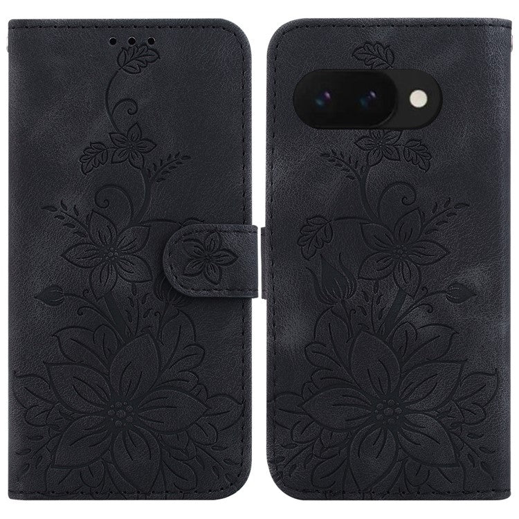 For Google Pixel 9a Case Lily Flower Imprint Leather Phone Cover with Stand - Black