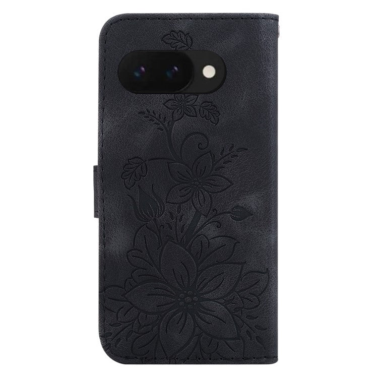 For Google Pixel 9a Case Lily Flower Imprint Leather Phone Cover with Stand - Black