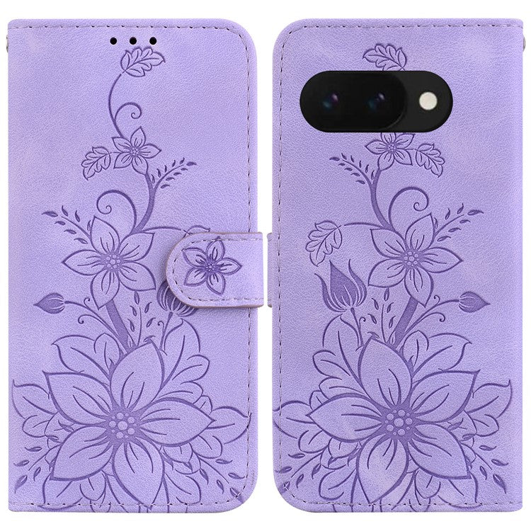 For Google Pixel 9a Case Lily Flower Imprint Leather Phone Cover with Stand - Purple