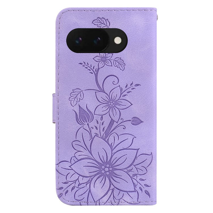 For Google Pixel 9a Case Lily Flower Imprint Leather Phone Cover with Stand - Purple