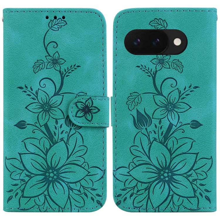 For Google Pixel 9a Case Lily Flower Imprint Leather Phone Cover with Stand - Green