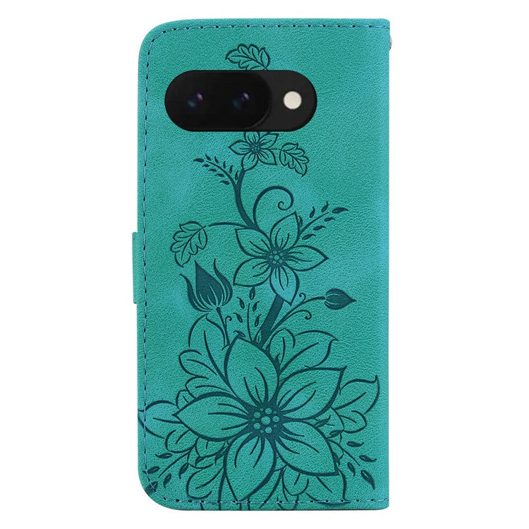 For Google Pixel 9a Case Lily Flower Imprint Leather Phone Cover with Stand - Green