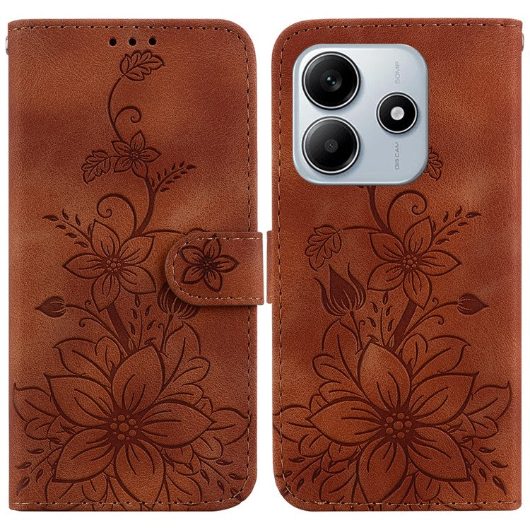 For Xiaomi Redmi Note 14 5G Case Lily Flower Imprint Leather Phone Cover with Stand - Brown