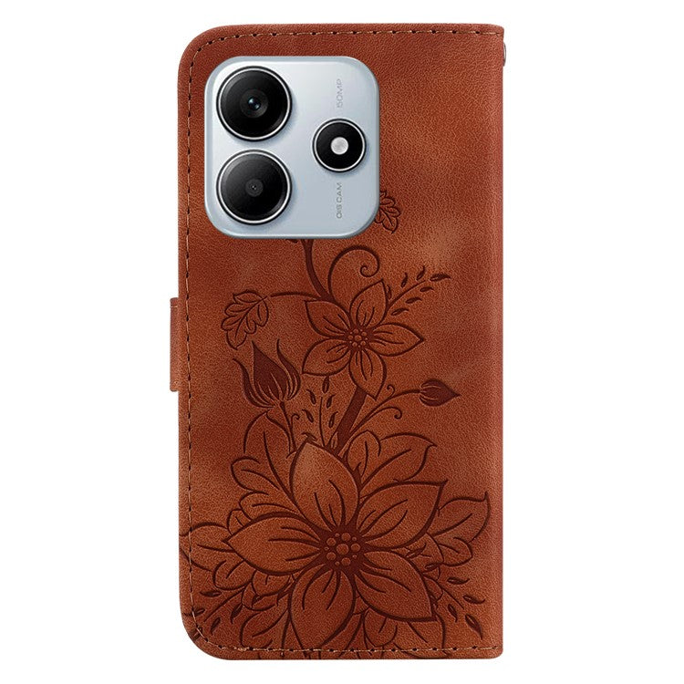 For Xiaomi Redmi Note 14 5G Case Lily Flower Imprint Leather Phone Cover with Stand - Brown