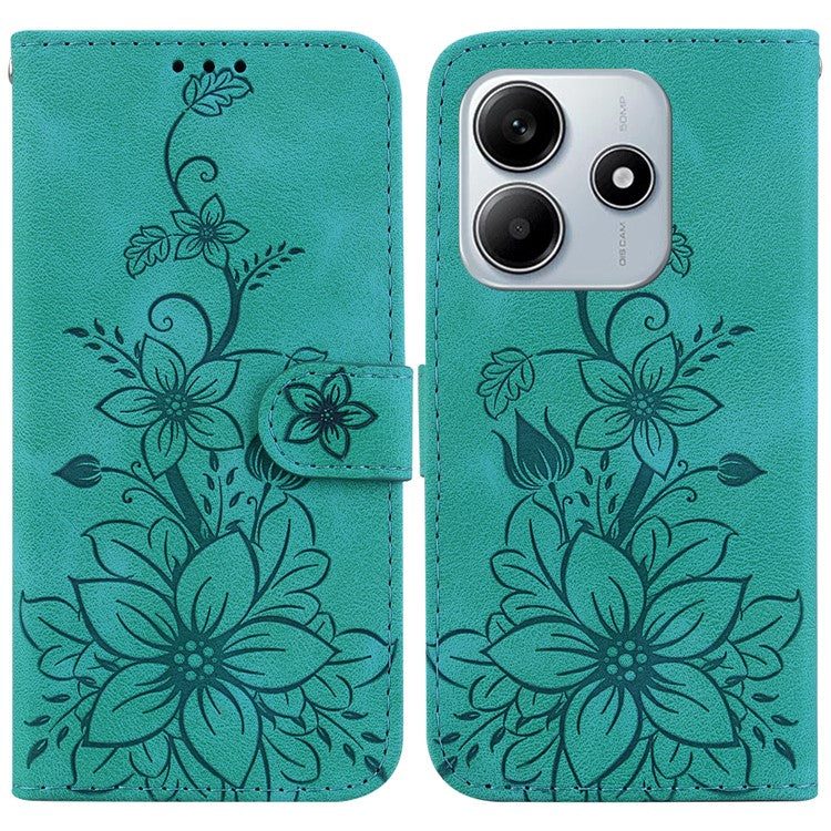 For Xiaomi Redmi Note 14 5G Case Lily Flower Imprint Leather Phone Cover with Stand - Green