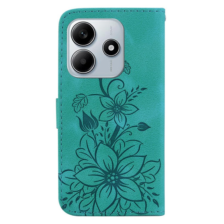 For Xiaomi Redmi Note 14 5G Case Lily Flower Imprint Leather Phone Cover with Stand - Green