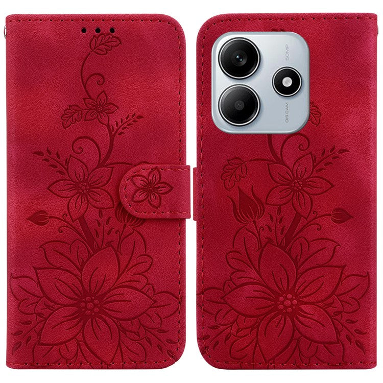 For Xiaomi Redmi Note 14 5G Case Lily Flower Imprint Leather Phone Cover with Stand - Red