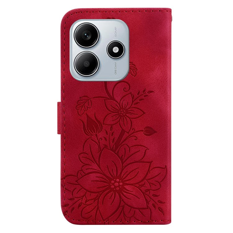 For Xiaomi Redmi Note 14 5G Case Lily Flower Imprint Leather Phone Cover with Stand - Red