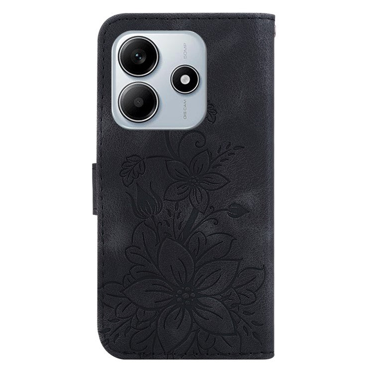 For Xiaomi Redmi Note 14 5G Case Lily Flower Imprint Leather Phone Cover with Stand - Black