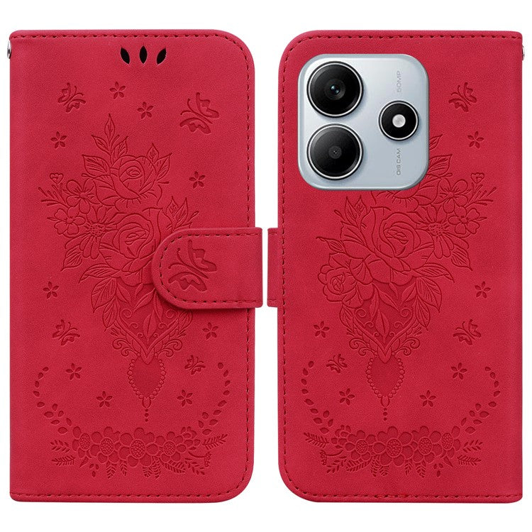 For Xiaomi Redmi Note 14 5G Case PU Leather Wallet Phone Cover Butterfly Flower Imprint - Red