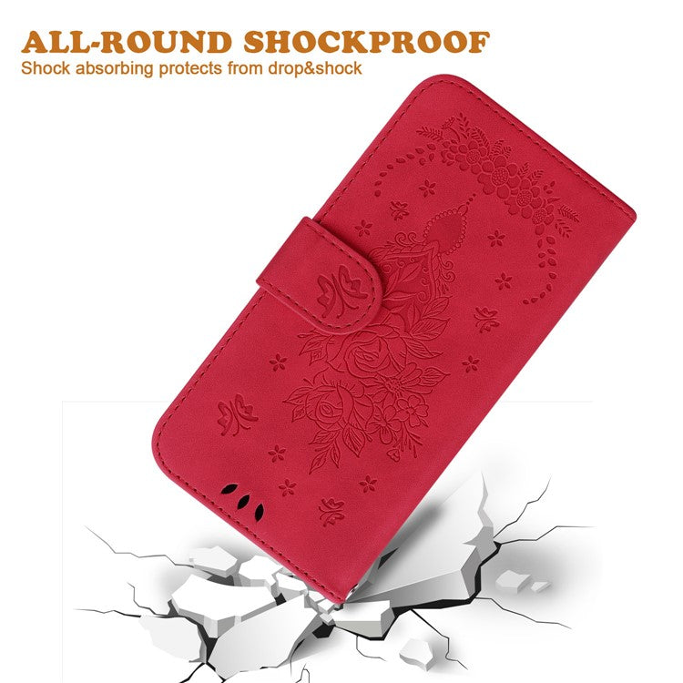 For Xiaomi Redmi Note 14 5G Case PU Leather Wallet Phone Cover Butterfly Flower Imprint - Red