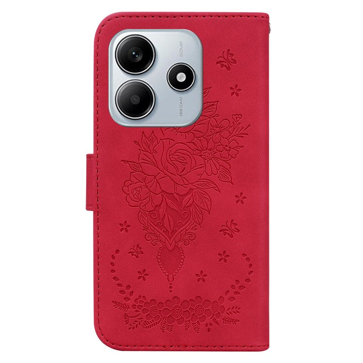 For Xiaomi Redmi Note 14 5G Case PU Leather Wallet Phone Cover Butterfly Flower Imprint - Red