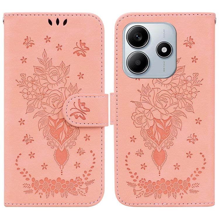 For Xiaomi Redmi Note 14 5G Case PU Leather Wallet Phone Cover Butterfly Flower Imprint - Pink