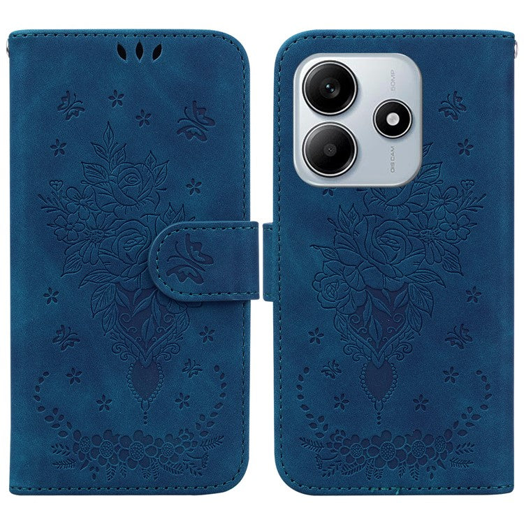 For Xiaomi Redmi Note 14 5G Case PU Leather Wallet Phone Cover Butterfly Flower Imprint - Blue