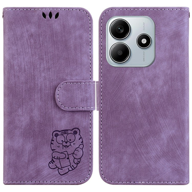 For Xiaomi Redmi Note 14 5G / 14 4G Wallet Case Tiger Imprint Leather Shockproof Phone Cover - Purple