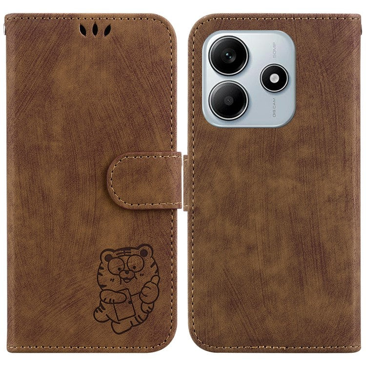 For Xiaomi Redmi Note 14 5G / 14 4G Wallet Case Tiger Imprint Leather Shockproof Phone Cover - Brown