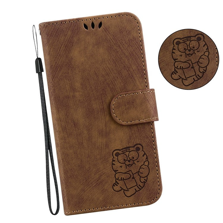 For Xiaomi Redmi Note 14 5G / 14 4G Wallet Case Tiger Imprint Leather Shockproof Phone Cover - Brown