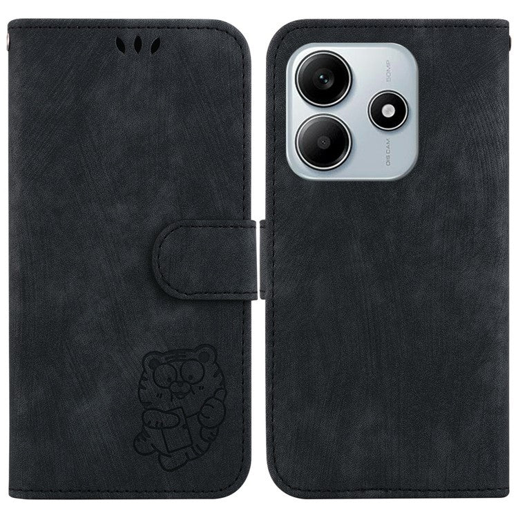 For Xiaomi Redmi Note 14 5G / 14 4G Wallet Case Tiger Imprint Leather Shockproof Phone Cover - Black