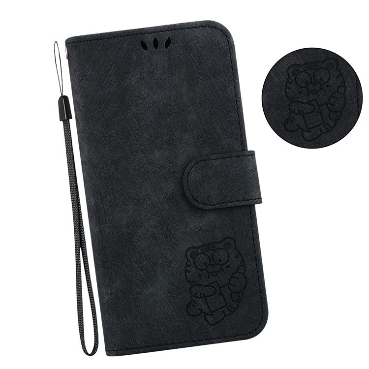 For Xiaomi Redmi Note 14 5G / 14 4G Wallet Case Tiger Imprint Leather Shockproof Phone Cover - Black