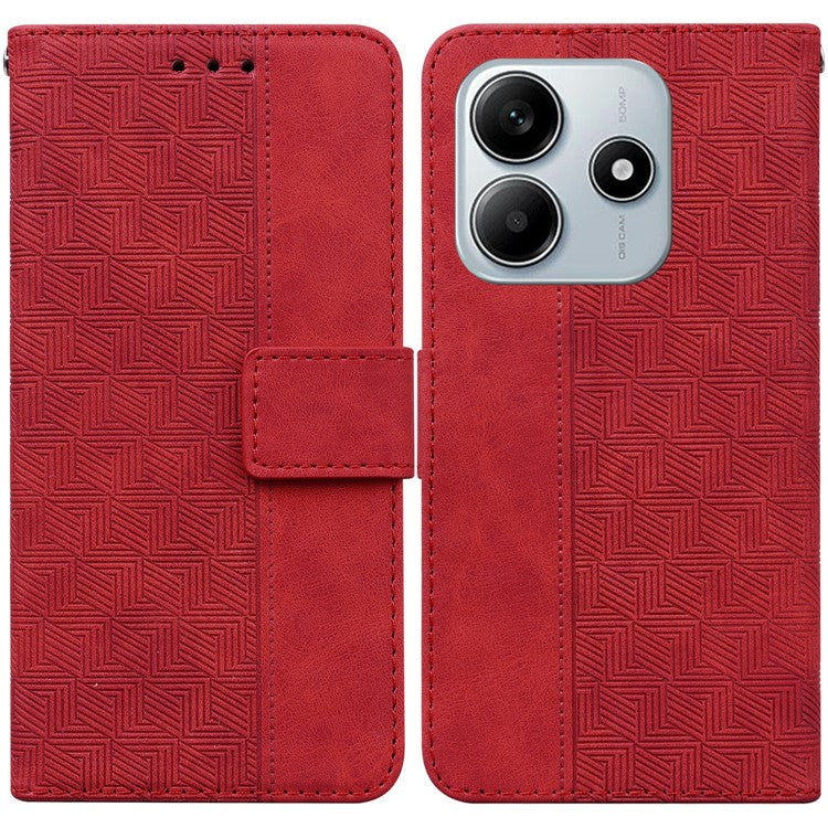 For Xiaomi Redmi Note 14 5G / 14 4G Case Geometry Pattern Leather Wallet Phone Cover - Red