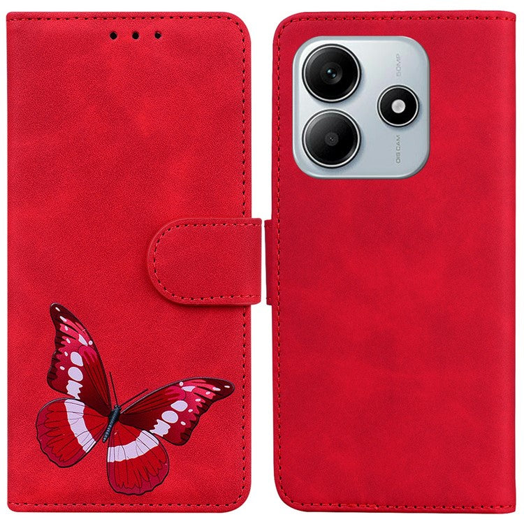 For Xiaomi Redmi Note 14 5G Stand Case PU Leather Phone Cover Butterfly Printed - Red