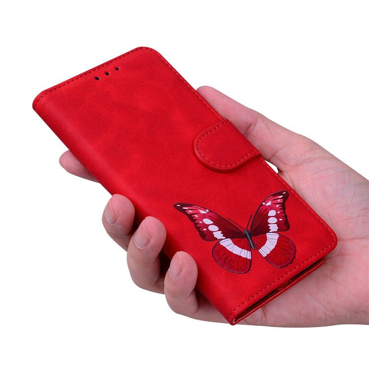 For Xiaomi Redmi Note 14 5G Stand Case PU Leather Phone Cover Butterfly Printed - Red