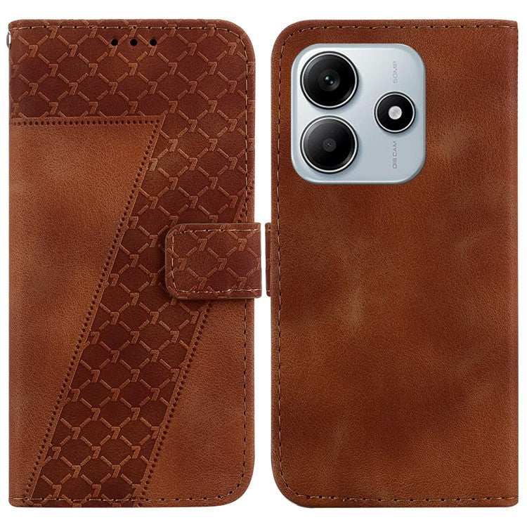 For Xiaomi Redmi Note 14 5G / 14 4G Stand Case 7-Shaped Pattern Imprint Leather Phone Cover - Brown