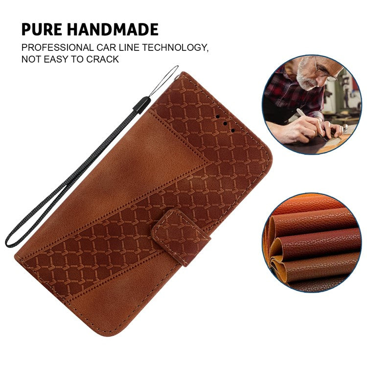 For Xiaomi Redmi Note 14 5G / 14 4G Stand Case 7-Shaped Pattern Imprint Leather Phone Cover - Brown