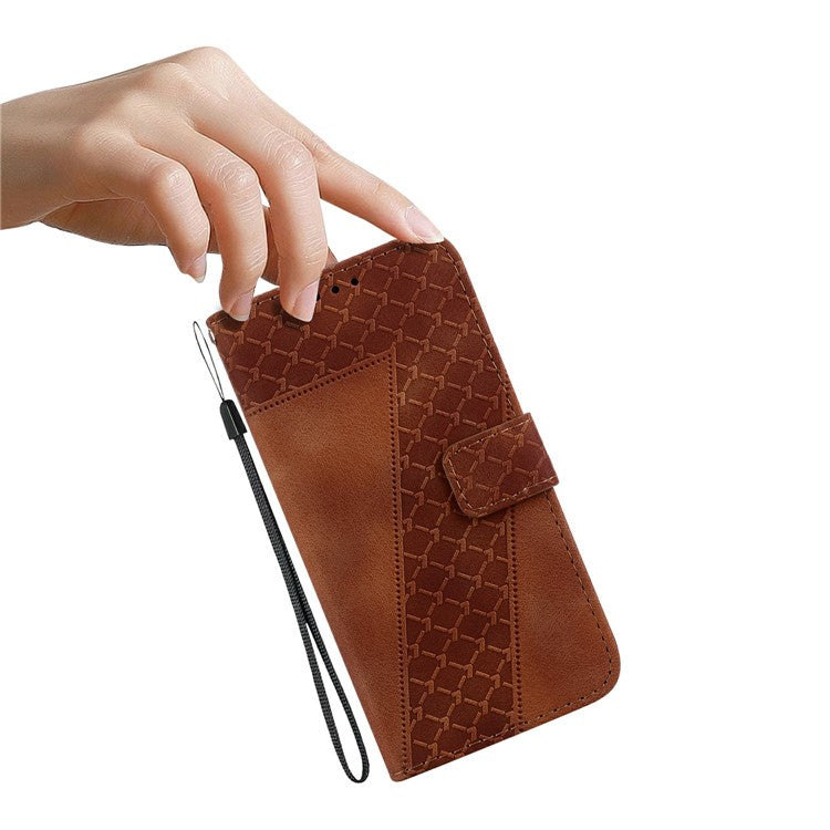 For Xiaomi Redmi Note 14 5G / 14 4G Stand Case 7-Shaped Pattern Imprint Leather Phone Cover - Brown