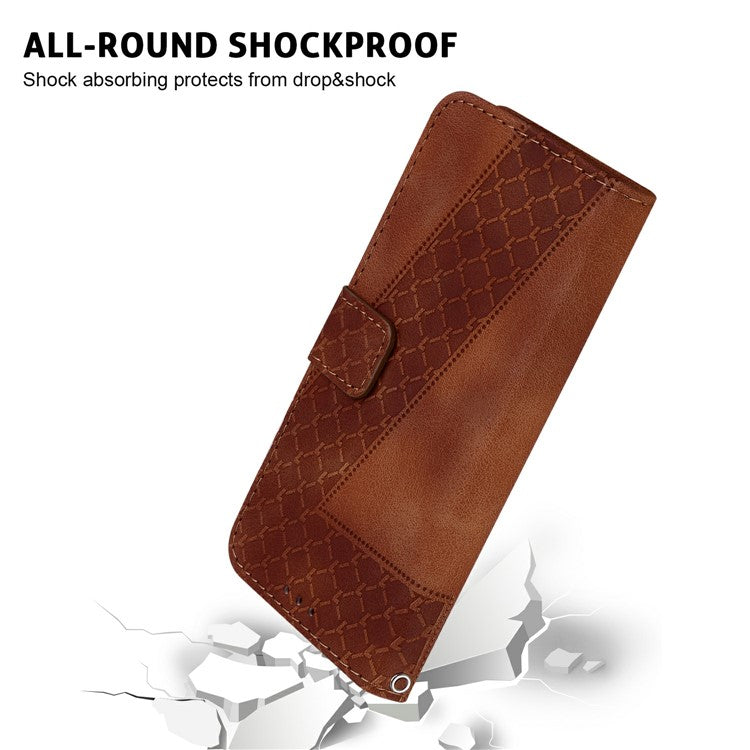 For Xiaomi Redmi Note 14 5G / 14 4G Stand Case 7-Shaped Pattern Imprint Leather Phone Cover - Brown