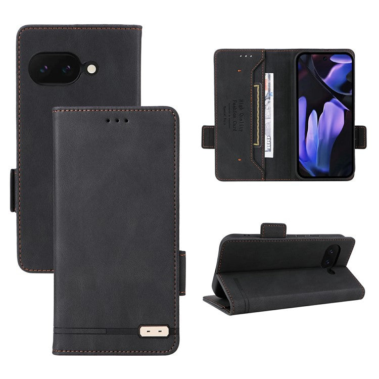 For Google Pixel 9a Case Leather Wallet Flip Phone Cover with Hardware Decor - Black