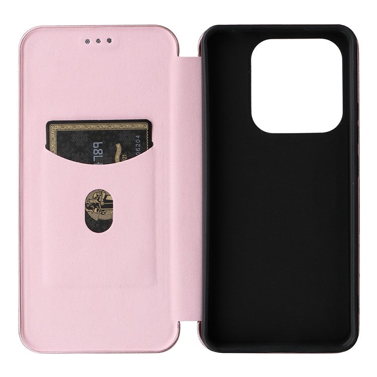 For Xiaomi Redmi Note 14 5G Case Carbon Fiber Texture Drop-Proof PU Leather Phone Cover - Rose Gold