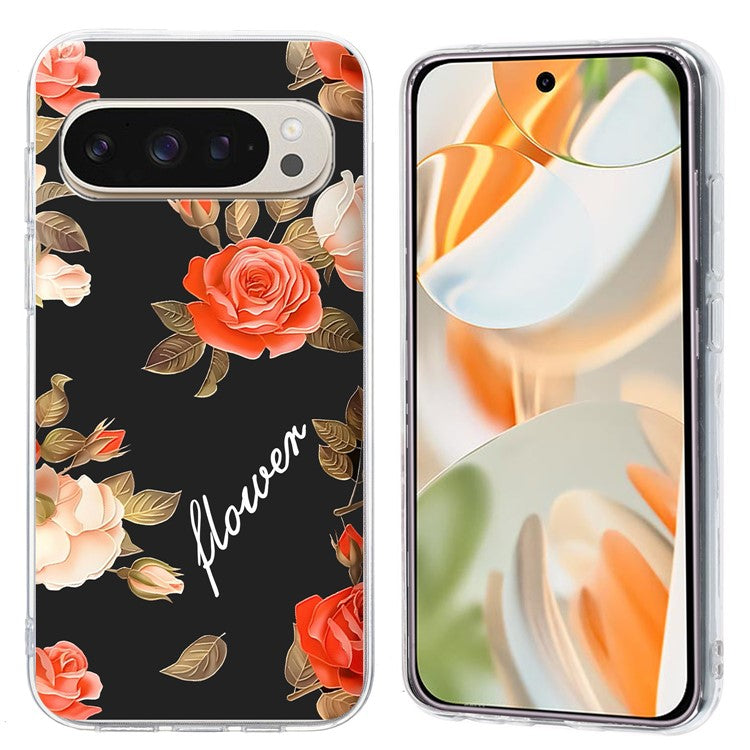 For Google Pixel 9 Pro XL Case Pattern Printing Shockproof Soft TPU Phone Cover - Black Background Flowers