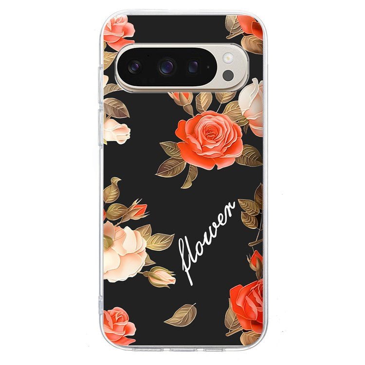 For Google Pixel 9 Pro XL Case Pattern Printing Shockproof Soft TPU Phone Cover - Black Background Flowers