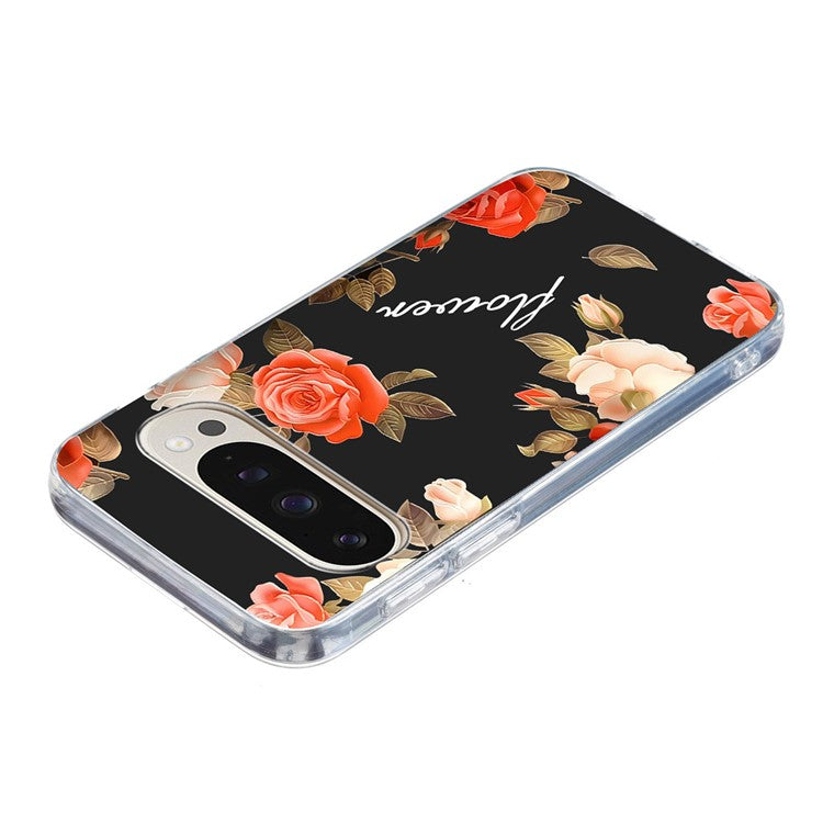 For Google Pixel 9 Pro XL Case Pattern Printing Shockproof Soft TPU Phone Cover - Black Background Flowers