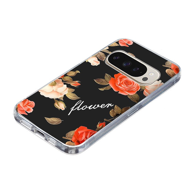 For Google Pixel 9 Pro XL Case Pattern Printing Shockproof Soft TPU Phone Cover - Black Background Flowers