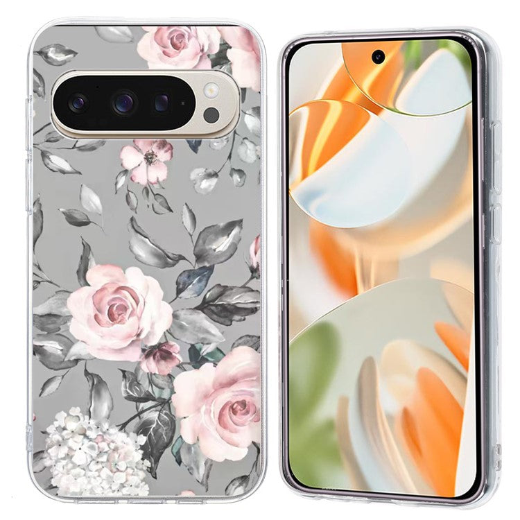 For Google Pixel 9 Pro XL Case Pattern Printing Shockproof Soft TPU Phone Cover - Grey Background Flowers