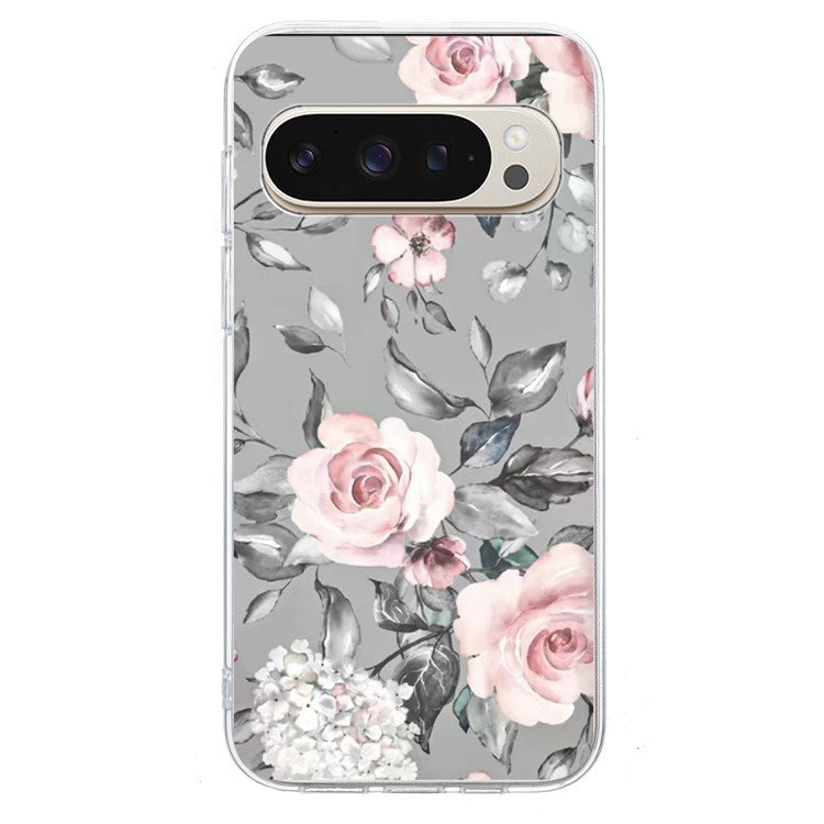 For Google Pixel 9 Pro XL Case Pattern Printing Shockproof Soft TPU Phone Cover - Grey Background Flowers