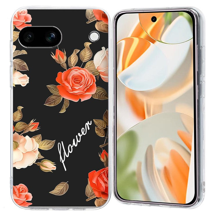 For Google Pixel 9a Case Pattern Printing Shockproof Soft TPU Phone Cover - Black Background Flowers