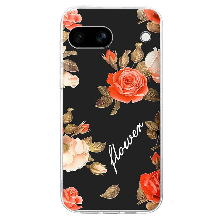 For Google Pixel 9a Case Pattern Printing Shockproof Soft TPU Phone Cover - Black Background Flowers