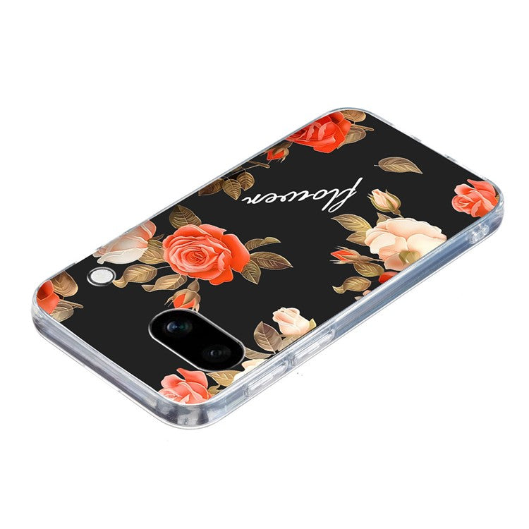 For Google Pixel 9a Case Pattern Printing Shockproof Soft TPU Phone Cover - Black Background Flowers