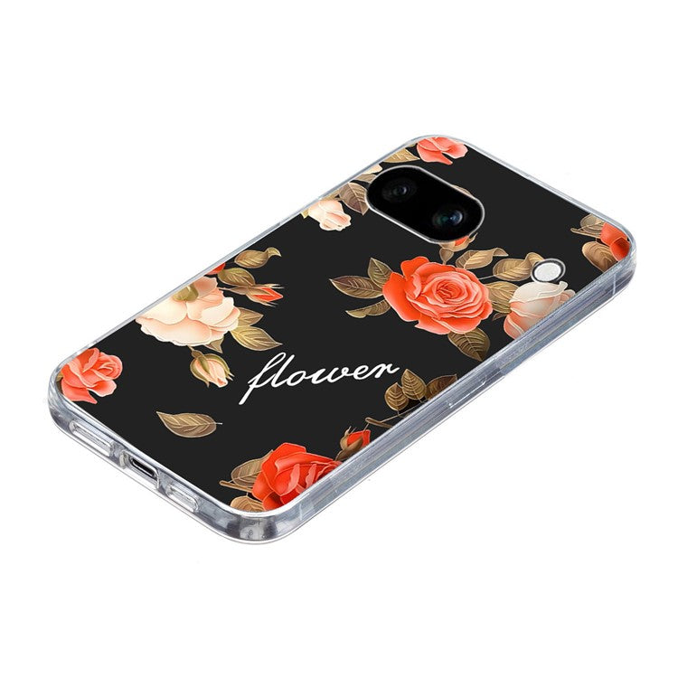 For Google Pixel 9a Case Pattern Printing Shockproof Soft TPU Phone Cover - Black Background Flowers